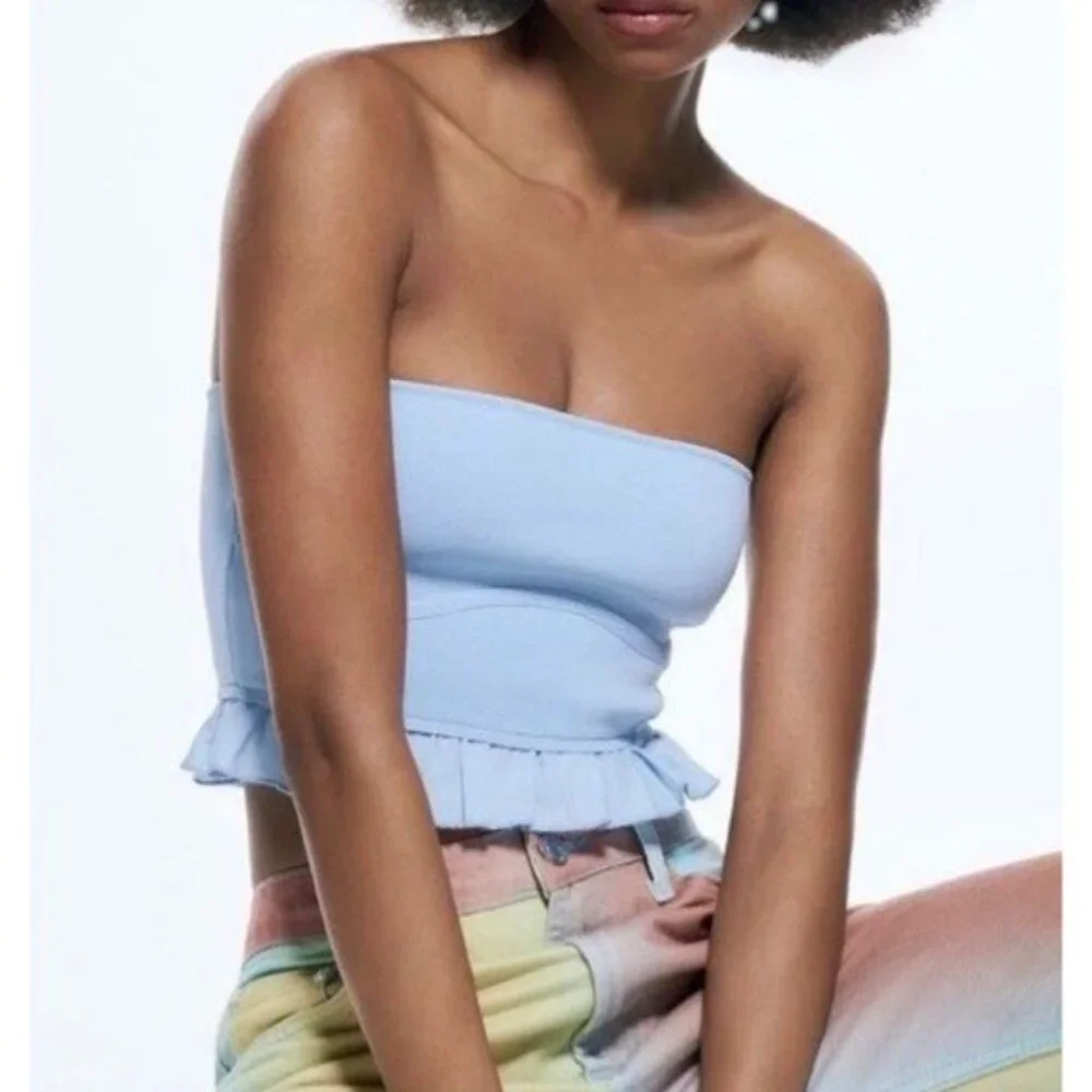 Zara Light Blue Ruffle Corset Bandeau Crop Top | Coastal Cowgirl Balletcore Boho - Picture 5 of 16